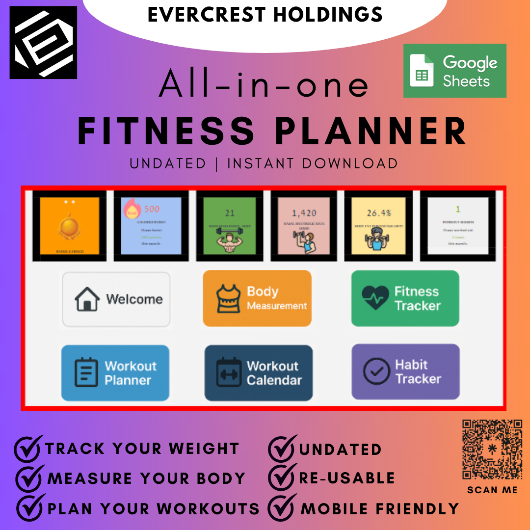 Evercrest Fitness Planner, Fitness Tracker, Workout plan, Habit Tracker, BMI and Body Measurements,